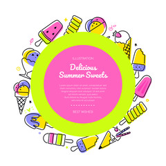 Fototapeta premium Delicious summer sweets - line design style banner