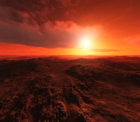 Alien landscape, Beautiful martian landscape at sunset, alien panorama, 3D rendering