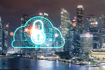 Glowing Padlock hologram, night panoramic city view of Singapore, Asia. The concept of cyber security to protect companies. Double exposure.