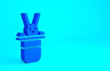Blue Magician hat and rabbit icon isolated on blue background. Magic trick. Mystery entertainment concept. Minimalism concept. 3d illustration 3D render.