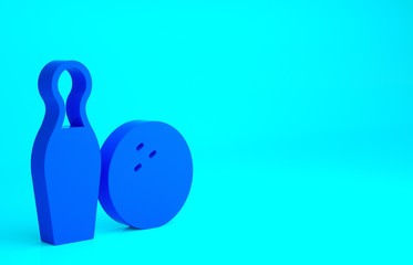 Blue Bowling pin and ball icon isolated on blue background. Sport equipment. Minimalism concept. 3d illustration 3D render.