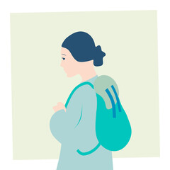 School girl with backpack illustration. Simple flat colourful side view portrait of school girl.