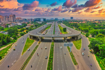 Down aerial view of empty roads near, Gurgaon city