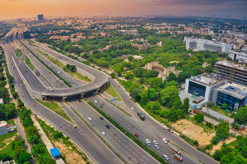 Down aerial view of empty roads near, Gurgaon city