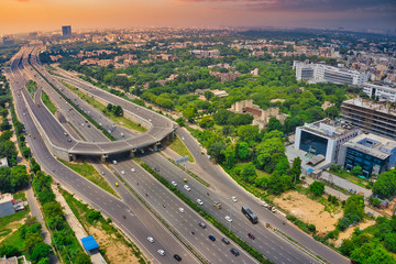 Down aerial view of empty roads near, Gurgaon city