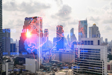 World planet Earth map hologram over panorama city view of Bangkok, Asia. The concept of international connections and business. Multi Exposure.