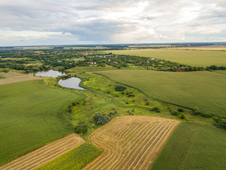 Aerial drone view of Ukrainian agricultural fields.