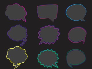 Hand drawn doodle empty bright color speech bubbles on a black background