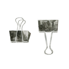 Hand drawn binder clips isolated on white. Metal devices to hold and fasten sheets of paper. Black clips for back to school, office and hobby. Elements of stationery.