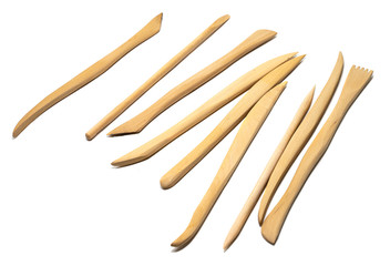 Set of wooden craft sculpting tools on white background