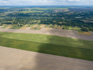 Aerial drone view of Ukrainian agricultural fields.
