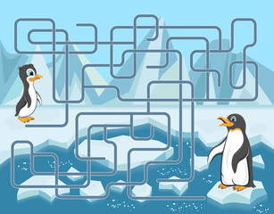 Maze game with penguins on ice floes. Help the baby penguin to get to its mother.