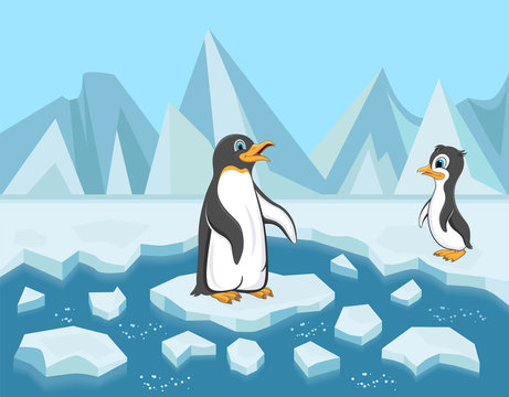 Cartoon penguins on ice floes. Baby penguin and its mother.