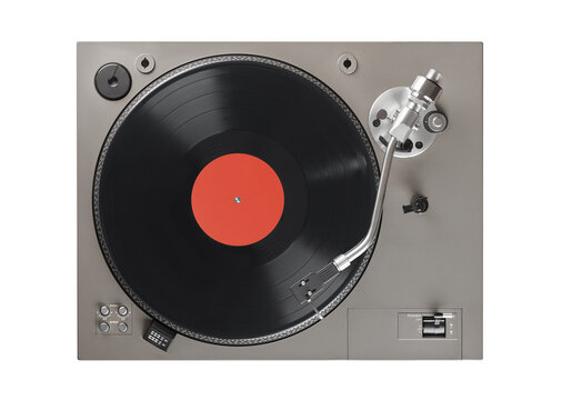 old turntable with lp vinyl record top view. Clipping path