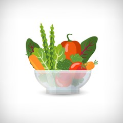 Flat style vegetables in transparent glass bowl. Red pepper, broccoli, carrot, tomato, asparagus, lettuce, beet leaves. Fresh cooking ingredients.