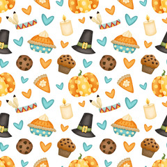 Thanksgiving day seamless pattern. Pilgrim hat, pumpkin, pumpkin pie, chocolate chip cookie, cupcake, candle seamless pattern.