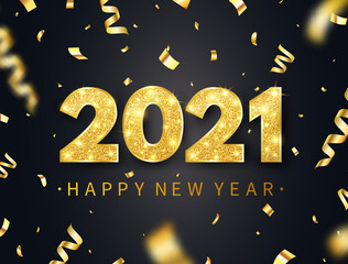 Happy new year 2021 long banner. Holiday background with luxury glitter numbers, confetti, sparkles and stars. Gold festive tinsel. Party design elements. Christmas decoration. Vector illustration