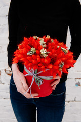 Bouquet in red hat box of dried flowers
