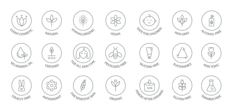 Natural and organic cosmetic line icons big set. GMO free emblems. Organic products badges. Hypoallergenic, safe for children, clean cosmetic, non toxic. Vegan, bio food. Vector illustration