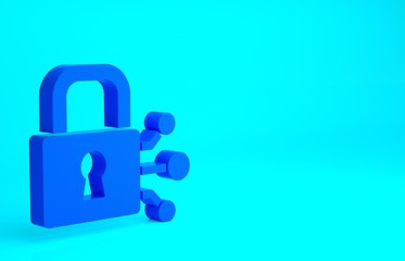 Blue Lock with bitcoin icon isolated on blue background. Cryptocurrency mining, blockchain technology, security, protect, digital money. Minimalism concept. 3d illustration 3D render.