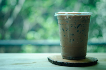 Iced dark chocolate in plastic glass