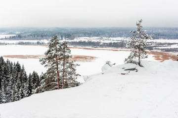 View from the hill to the snow-covered fir forest and lake