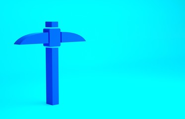 Blue Pickaxe icon isolated on blue background. Blockchain technology, cryptocurrency mining, bitcoin, digital money market, cryptocoin wallet. Minimalism concept. 3d illustration 3D render.