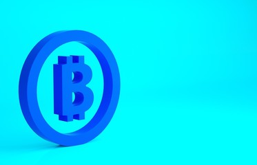 Blue Cryptocurrency coin Bitcoin icon isolated on blue background. Physical bit coin. Blockchain based secure crypto currency. Minimalism concept. 3d illustration 3D render.