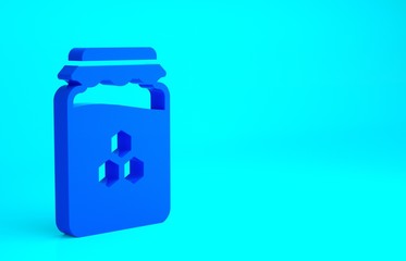 Blue Jar of honey icon isolated on blue background. Food bank. Sweet natural food symbol. Minimalism concept. 3d illustration 3D render.