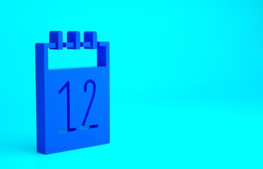 Blue Calendar 12 june icon isolated on blue background. Russian language 12 june Happy Russia Day. Minimalism concept. 3d illustration 3D render.