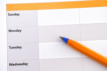 A ballpoint pen lying on a weekly schedule