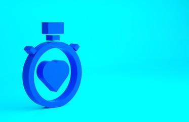 Blue Heart in the center stopwatch icon isolated on blue background. Valentines day. Minimalism concept. 3d illustration 3D render.