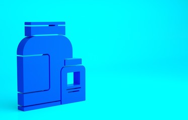 Blue Sports nutrition bodybuilding proteine power drink and food icon isolated on blue background. Minimalism concept. 3d illustration 3D render.