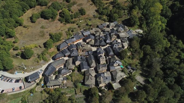 Traditional houses in small village of Peñalba de Santiago. Leon, Spain. Aerial Drone Footage
