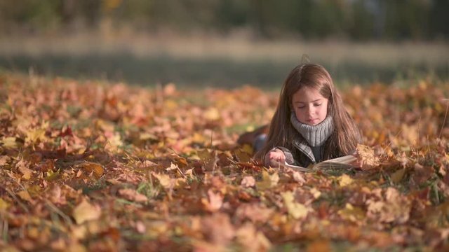 Sweet Girl in Polto Reads a Book Lying on Autumn Fallen Leaves. A Child Reads A Book in a Sunny Autumn Park.
