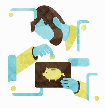 Man inserting money into piggy bank on tablet pc