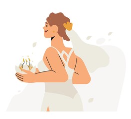 Portrait of a bride in a wedding dress cartoon vector illustration isolated on white background. Beautiful young woman or girl character in white dress with bridal veil holding lily.