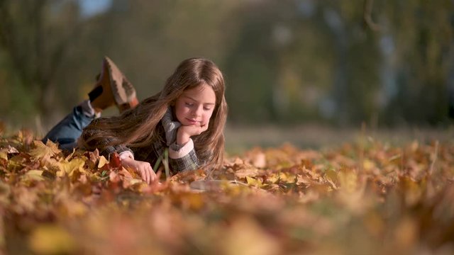 Sweet Girl in Polto Reads a Book Lying on Autumn Fallen Leaves. A Child Reads A Book in a Sunny Autumn Park.