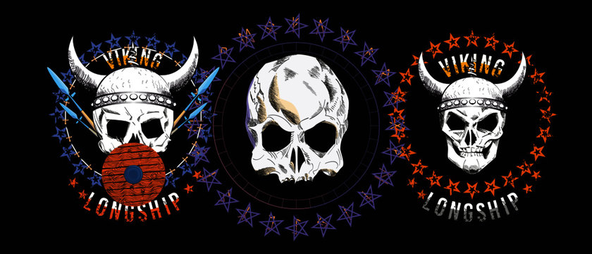Set of three illustrated skulls. Vector drawings of heads for t-shirts or posters.