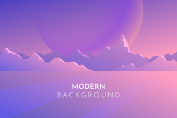 Futuristic, cosmic, fantastic landscape. Planet on a background of mountains. Moon and stars. Abstract landscape, Vector banner with polygonal landscape illustration, Minimalist style © Mariia
