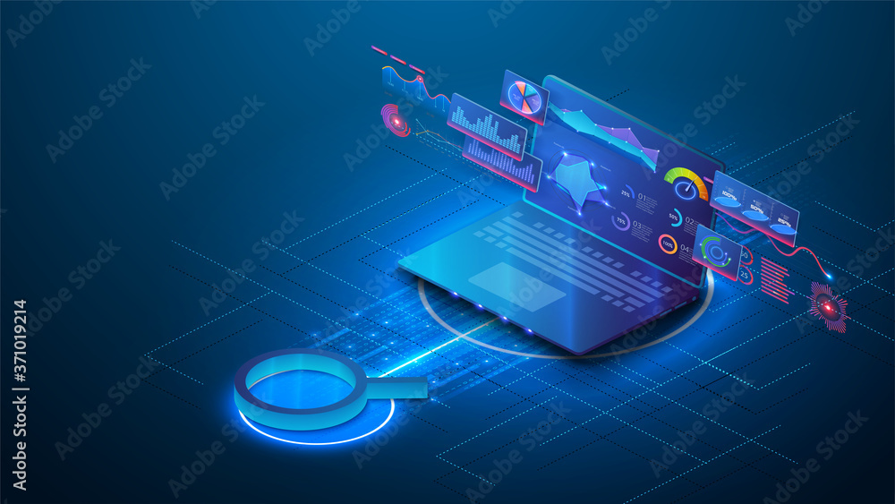 Aufkleber Data analysis, SEO vector isometric background. Optimization process of internet search results for online visibility of website. Magnifier and open laptop with charts and graphs on the screen. Banner