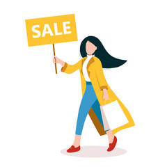 Sale design template. Fashionable girl goes shopping and holds advertising banner. Autumn, spring colorful outfit. Business, promotion concept. Isolated vector illustration
