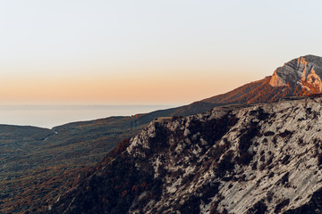 Landscape of Crimean mountains on dusk in autumn