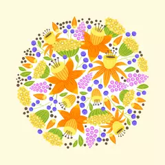 Rolgordijnen Round composition with bouquet of blooming, blossoming flowers cartoon illustration. © monamonash