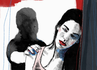 Shadowy man grabbing unhappy woman