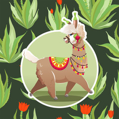 Illustration with llama and cactus plants. Vector seamless pattern on botanical background. Greeting card with Alpaca.