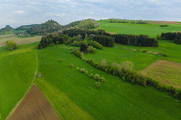 Rural aerial landscape, on a spring cloudy evening