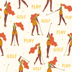 Seamless pattern with african american young girl hitting ball with golf club. Vector flat hand drawn illustration. Female golfer plays golf background, backdrop. Woman in sport. Cartoon characters.