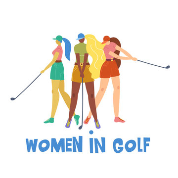 Set with young girl hitting ball with golf club. Vector flat hand drawn illustration. Female golfer plays golf. Woman in sport. T-shirt print design. Let's play. Cartoon characters.