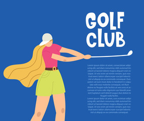 Professional Woman golfer hits the ball with a club. Vector flat hand drawn illustration. Female athlete playing golf. Girl in sport. T-shirt design. Sportswomen training outdoor. Cartoon character.